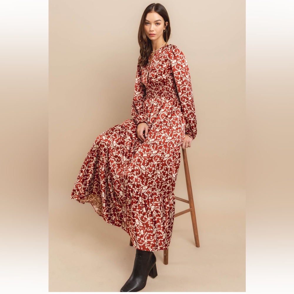 Boho Floral Printed Satin Tiered Maxi Dress